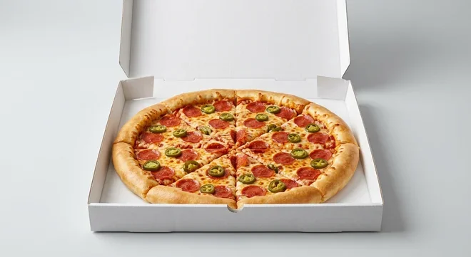 Papa John's American Hot (Stuffed Crust), whole Stuffed Crust pizza with pepperoni and jalapeños in a takeaway pizza box, nutrition and calories