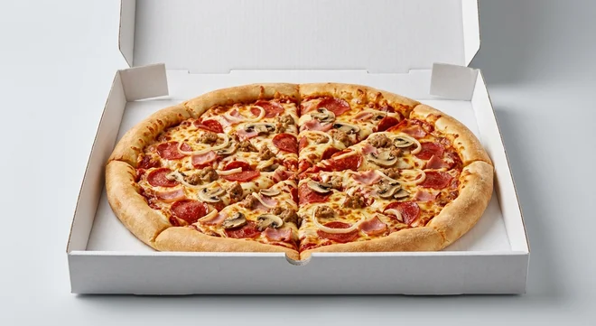 Papa John's Full House (Stuffed Crust), whole Stuffed Crust pizza with pepperoni, ham, pork sausage, mushrooms and onion in a takeaway pizza box, nutrition and calories
