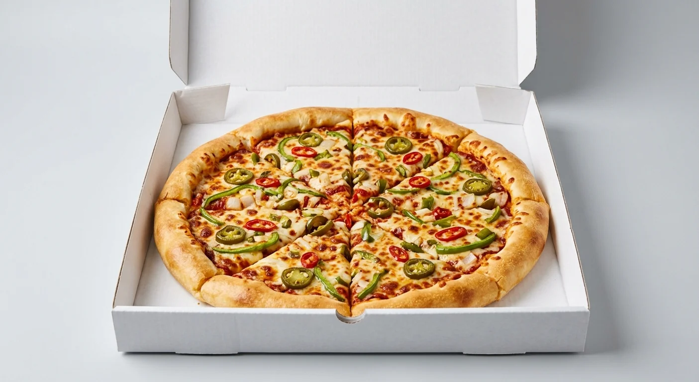 Papa John's Hot Pepper Passion (Cheddar Stuffed Crust), whole Cheddar Stuffed Crust pizza with green peppers, onion, jalapeños and red chillies in a takeaway pizza box, nutrition and calories