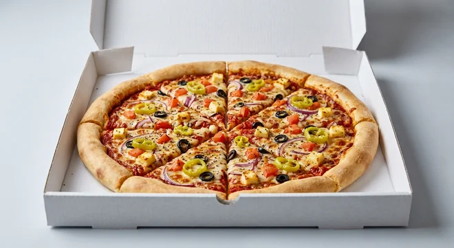 Papa John's The Cypriot (Cheddar Stuffed Crust), whole Cheddar Stuffed Crust pizza with onion, tomatoes, black olives, pepperoncini and halloumi in a takeaway pizza box, nutrition and calories