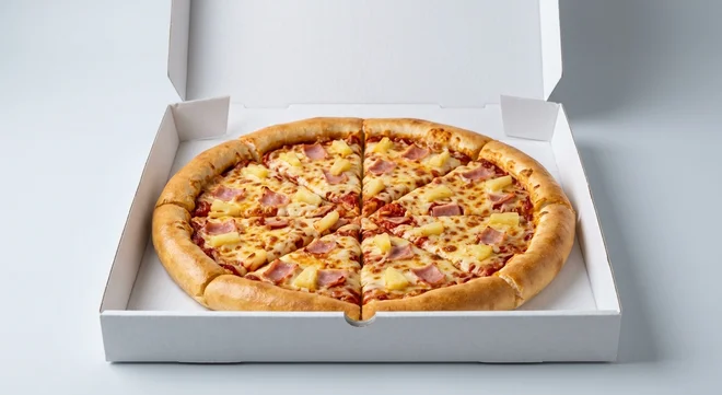Papa John's Hawaiian (Cheddar Stuffed Crust), whole Cheddar Stuffed Crust pizza with ham and pineapple in a takeaway pizza box, nutrition and calories
