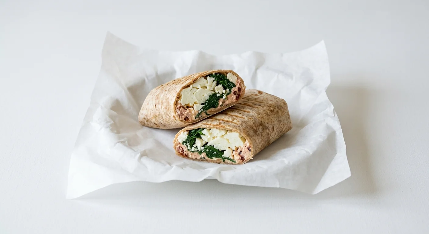 Starbucks US Spinach, Feta & Egg White Wrap, wholewheat wrap cut in half showing egg white, spinach and feta, nutrition and calories