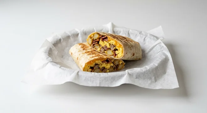 Starbucks US Bacon, Sausage & Egg Wrap, toasted tortilla wrap cut in half showing egg, bacon, sausage and potato, nutrition and calories