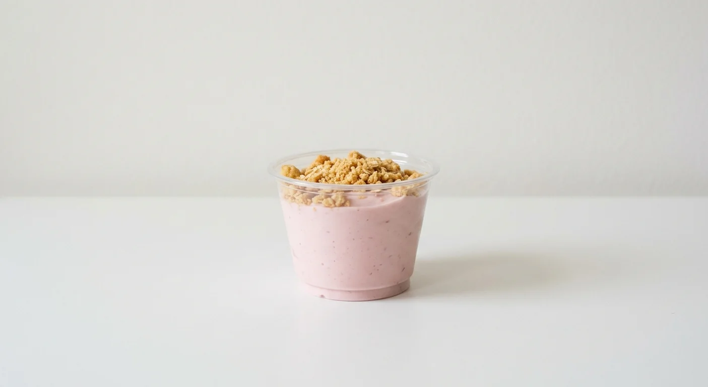 Starbucks US Ellenos Strawberry Shortcake Greek Yogurt, pale pink strawberry Greek yogurt topped with cookie crumble in a clear cup, nutrition and calories