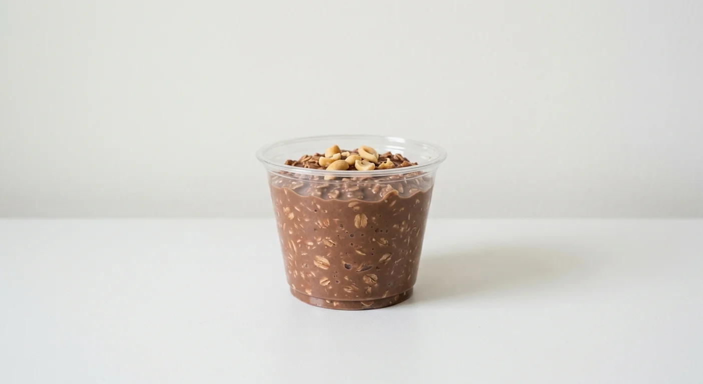 Starbucks US MUSH Chocolate Peanut Butter Protein Overnight Oats, chocolate peanut butter overnight oats in a clear cup, nutrition and calories