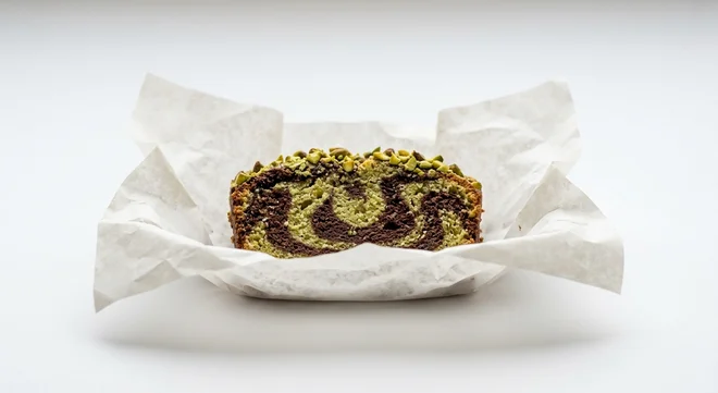 Starbucks US Chocolate Pistachio Loaf, slice of chocolate and pistachio marble loaf with chopped pistachios, nutrition and calories
