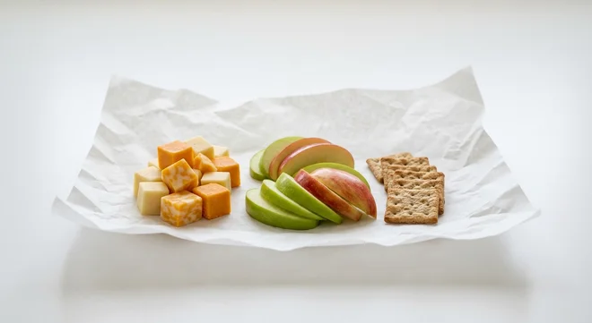 Starbucks US Apples & Cheese Trio Protein Box, cheese cubes, apple slices and crackers laid out on paper, nutrition and calories