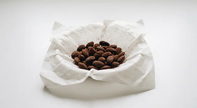 Starbucks US SkinnyDipped Dark Chocolate Cocoa Almonds, small pile of cocoa-dusted dark chocolate almonds, nutrition and calories