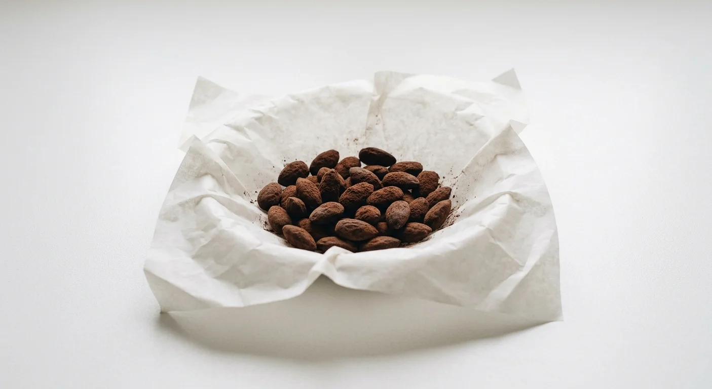 Starbucks US SkinnyDipped Dark Chocolate Cocoa Almonds, small pile of cocoa-dusted dark chocolate almonds, nutrition and calories