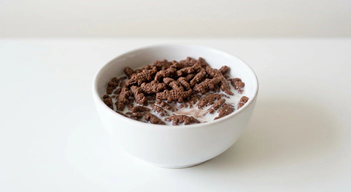 M&S Choco Crocos, chocolate crocodile-shaped cereal pieces in a white bowl with milk, nutrition and calories