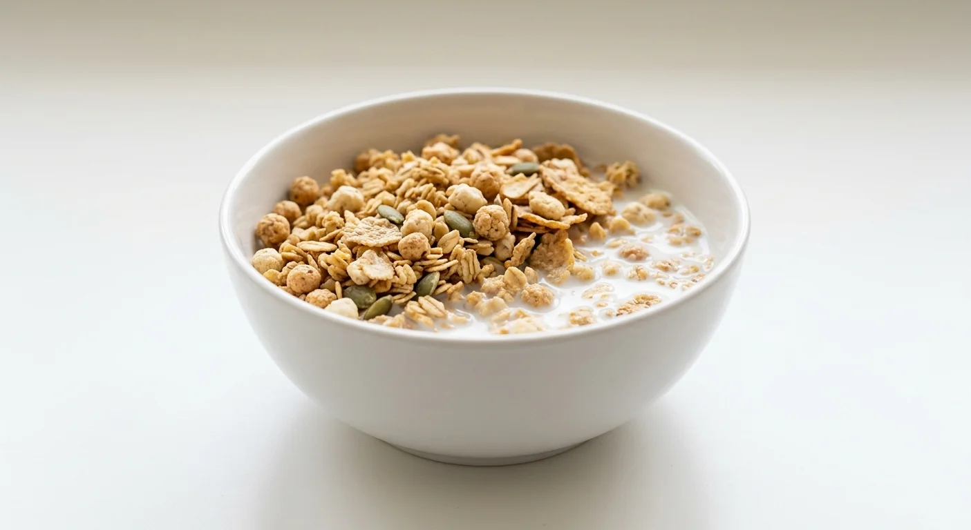 Tesco High Protein Granola, oat granola with protein crisps, soya pieces, multigrain flakes and pumpkin seeds in a white bowl with milk, nutrition and calories