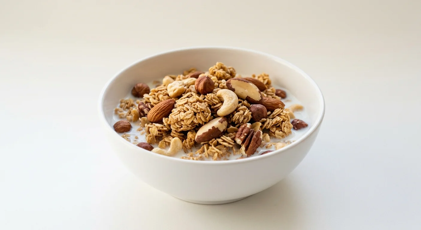 Tesco Finest Super Nutty Granola, oat and spelt granola with almonds, hazelnuts, cashews, brazil nuts and pecans in a white bowl with milk, nutrition and calories