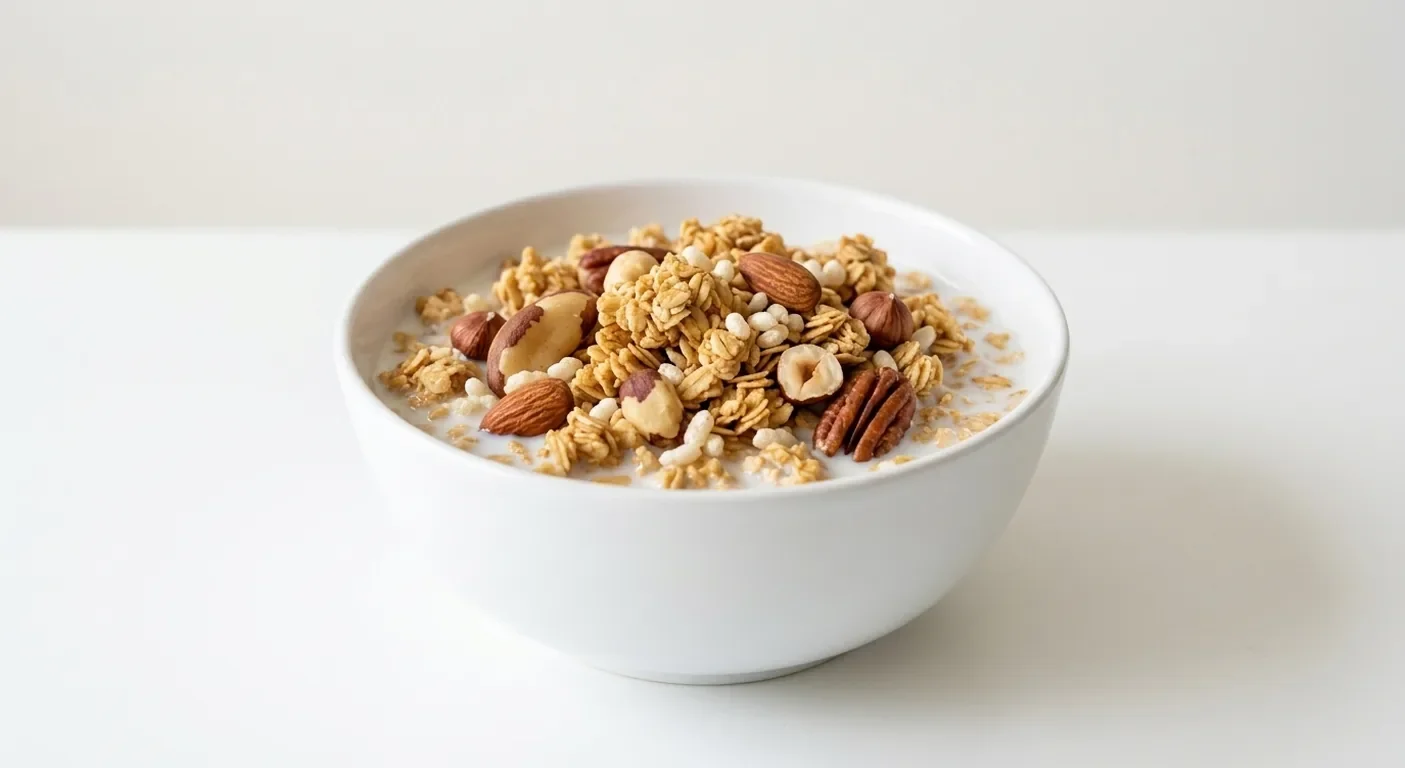 Tesco Nut & Maple Crisp, maple oat clusters with almonds, brazil nuts, hazelnuts and pecans in a white bowl with milk, nutrition and calories