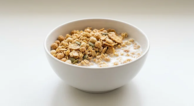 Tesco High Protein Granola, oat granola with protein crisps, soya pieces, multigrain flakes and pumpkin seeds in a white bowl with milk, nutrition and calories