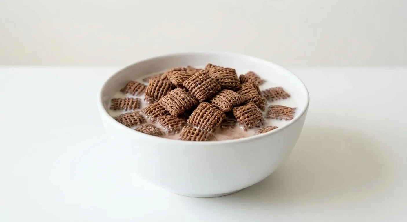 Tesco Choco Malt Wheats, cocoa wholewheat squares in a white bowl with milk, nutrition and calories