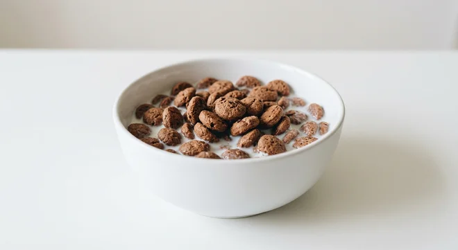 Tesco Crunchy Cookie, mini chocolate flavoured cookie cereal pieces in a white bowl with milk, nutrition and calories