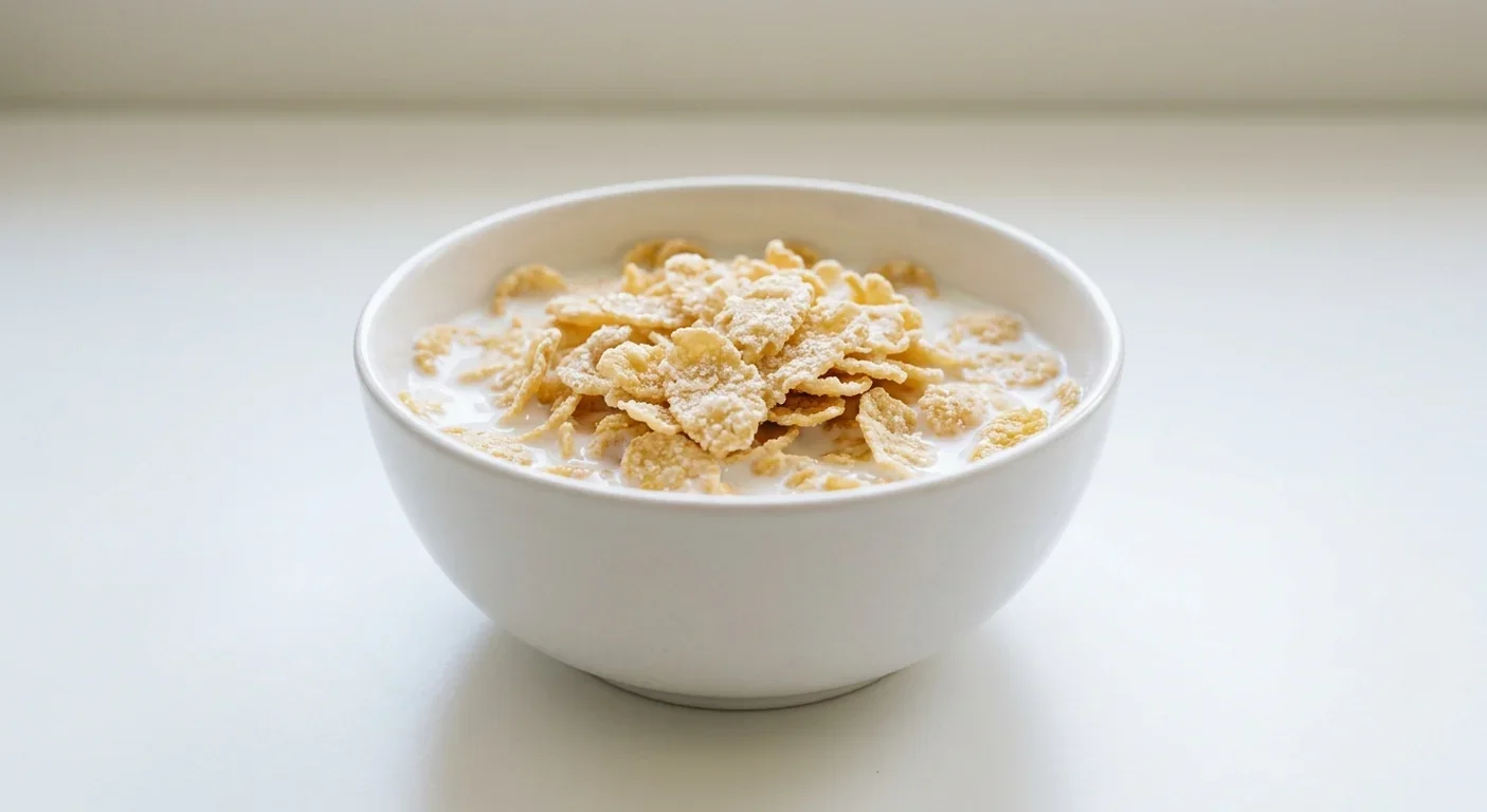 Tesco Frosted Flakes, sugar-frosted corn flakes in a white bowl with milk, nutrition and calories