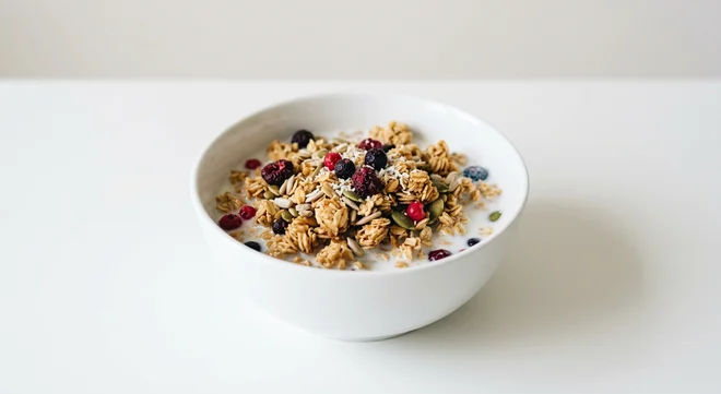 Tesco Superberry Granola, oat granola with seeds and freeze-dried redcurrant, blackcurrant, cranberry and blueberry in a white bowl with milk, nutrition and calories