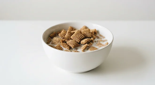 Tesco Malt Wheats, malted wholewheat squares in a white bowl with milk, nutrition and calories
