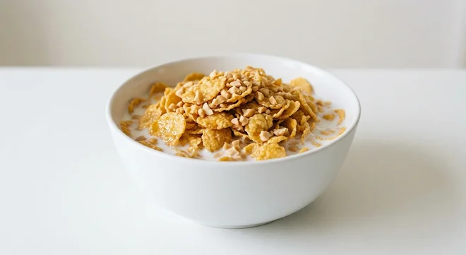 Tesco Honey Nut Corn Flakes, honey-glazed corn flakes with chopped peanuts in a white bowl with milk, nutrition and calories