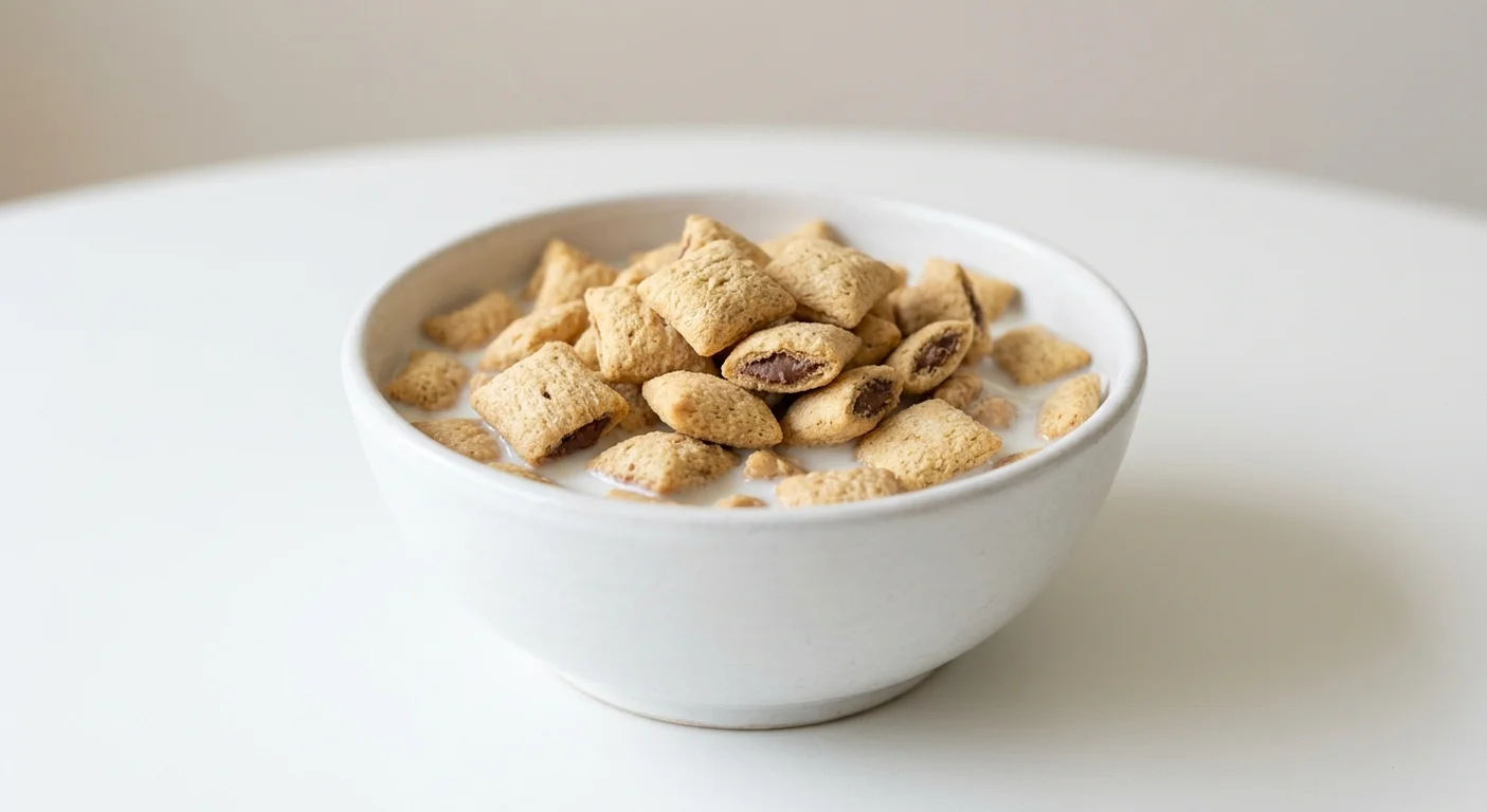 Tesco Milk Choco Pillows, golden cereal pillows with a milk chocolate filling in a white bowl with milk, nutrition and calories