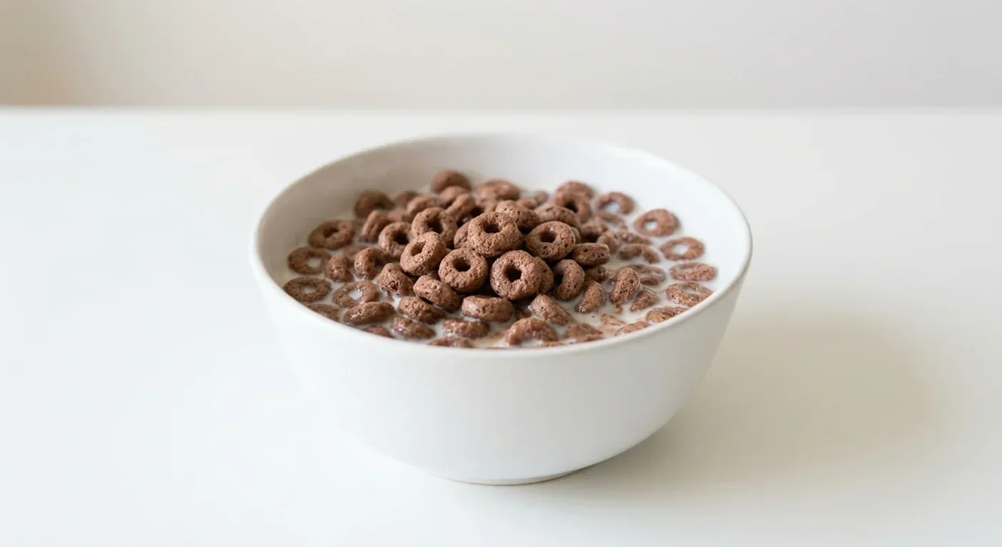 Tesco Choco Hoops, cocoa hoops in a white bowl with milk, nutrition and calories