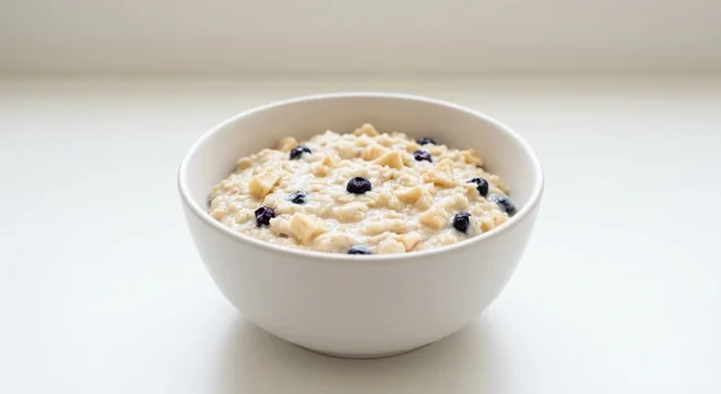 Tesco Instant Oats Apple & Blueberry Pot, porridge with apple and blueberry pieces in a white bowl with milk, nutrition and calories