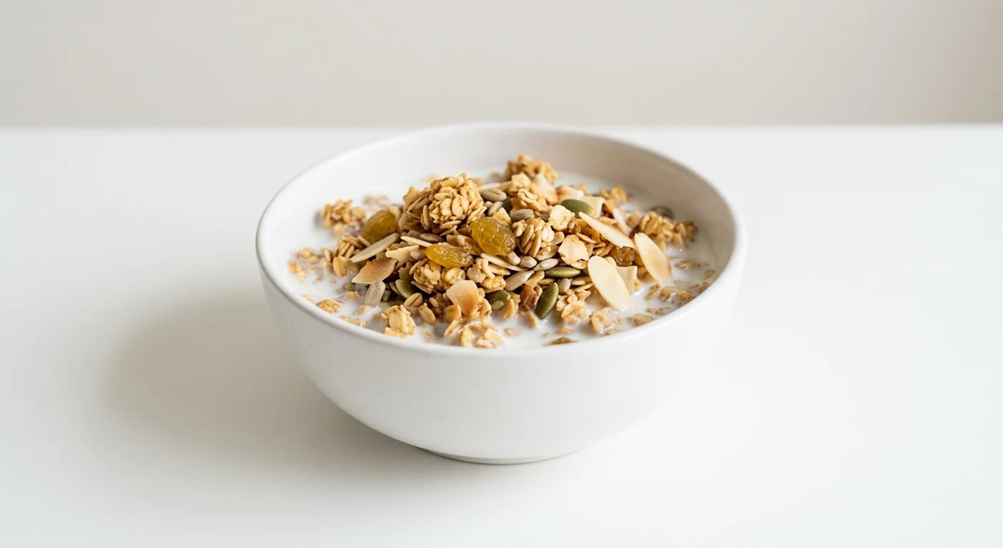 Tesco Free From Fruit & Nut Granola, gluten free oat granola with sultanas, seeds, flaked almonds and coconut in a white bowl with milk, nutrition and calories