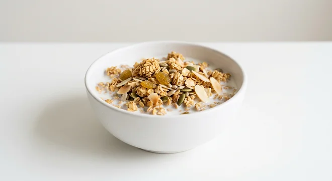 Tesco Free From Fruit & Nut Granola, gluten free oat granola with sultanas, seeds, flaked almonds and coconut in a white bowl with milk, nutrition and calories