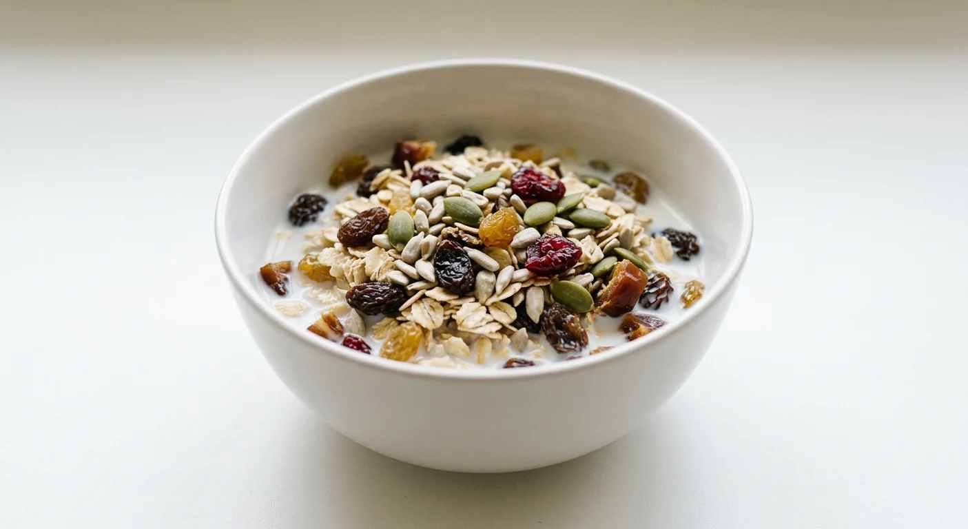 Tesco Free From Fruit & Seed Muesli, gluten free oat muesli with raisins, sultanas, dates, cranberries and seeds in a white bowl with milk, nutrition and calories