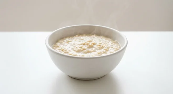 Tesco Oat Bran, creamy cooked oat bran porridge in a white bowl with milk, nutrition and calories