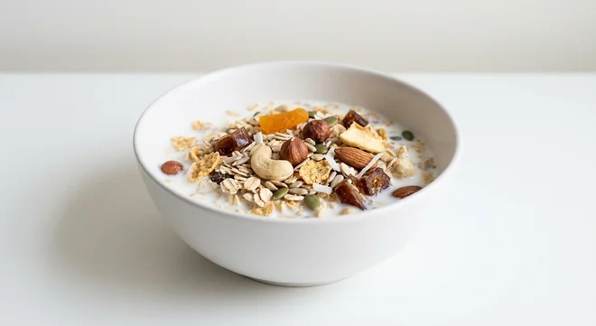 Tesco Nuts & Seeds Muesli, oat and wheat flake muesli with cashews, hazelnuts, almonds, pumpkin and sunflower seeds, dates and apricot in a white bowl with milk, nutrition and calories