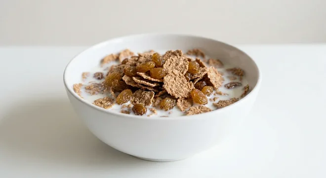 Tesco Sultana Bran, bran flakes with sultanas in a white bowl with milk, nutrition and calories