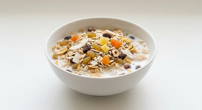 Tesco Fruit & Nut Muesli, oat and wheat flake muesli with sultanas, raisins, coconut, apricot, banana, pineapple and hazelnuts in a white bowl with milk, nutrition and calories
