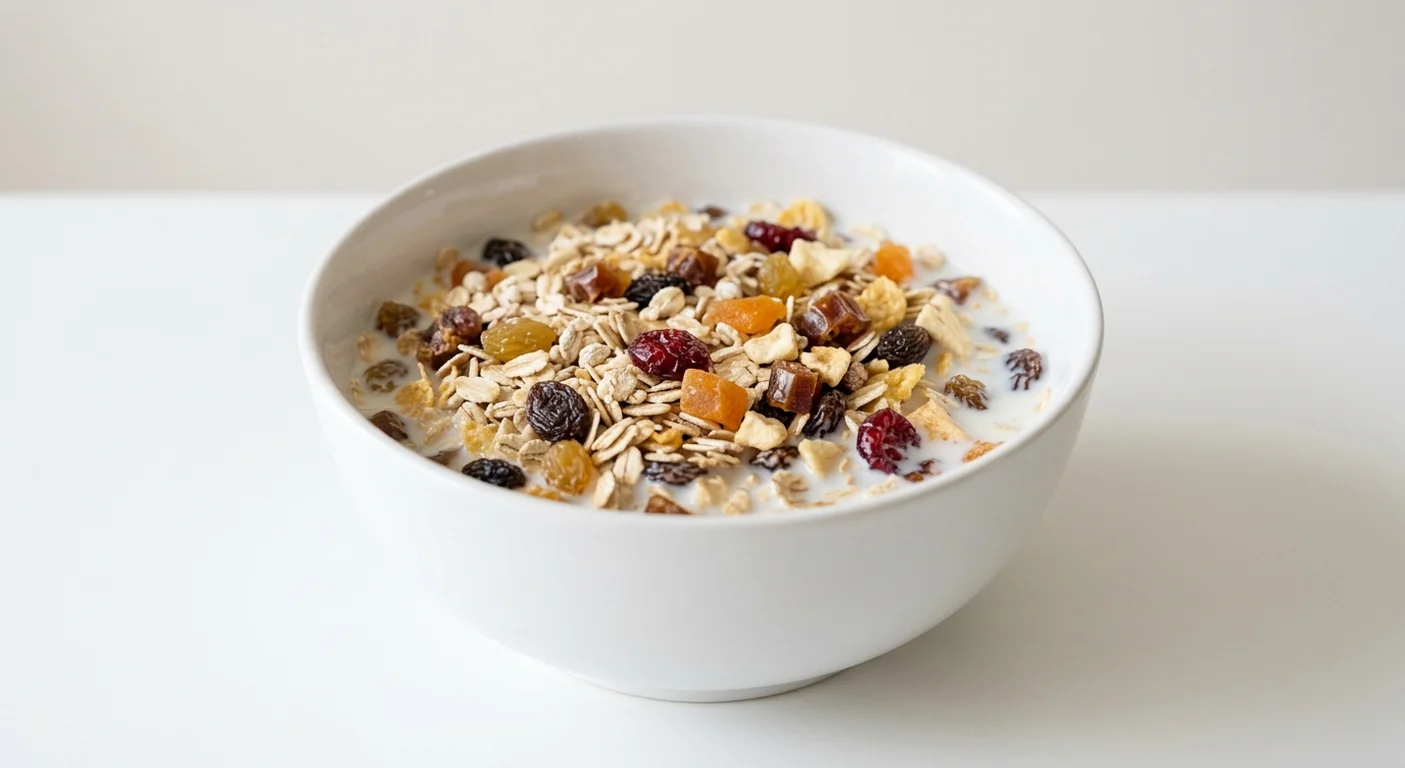Tesco Fruit Muesli, oat and wheat flake muesli with raisins, sultanas, dates, apricot, cranberries and apple in a white bowl with milk, nutrition and calories