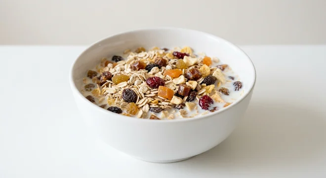 Tesco Fruit Muesli, oat and wheat flake muesli with raisins, sultanas, dates, apricot, cranberries and apple in a white bowl with milk, nutrition and calories