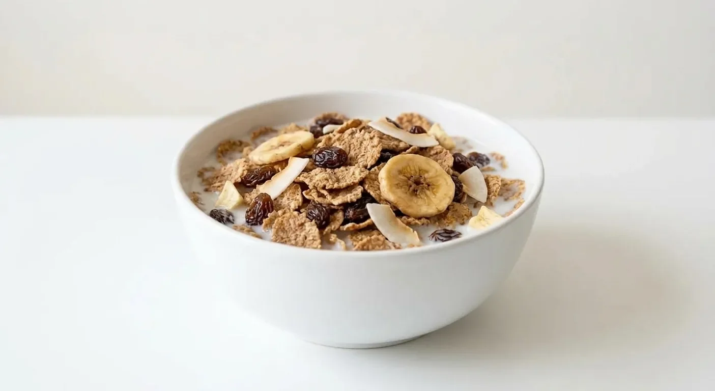 Tesco Fruit & Fibre, wholegrain wheat flakes with raisins, banana chips, coconut chips and apple in a white bowl with milk, nutrition and calories