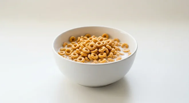 Tesco Multigrain Hoops, golden multigrain hoops in a white bowl with milk, nutrition and calories