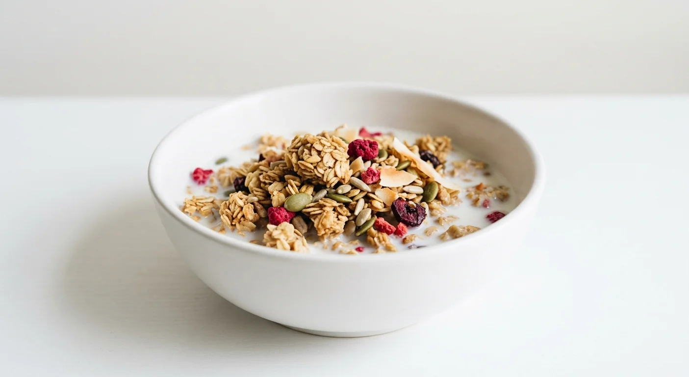 Tesco Free From Red Berry Granola, gluten free oat granola with seeds and freeze-dried raspberry, strawberry and cherry in a white bowl with milk, nutrition and calories