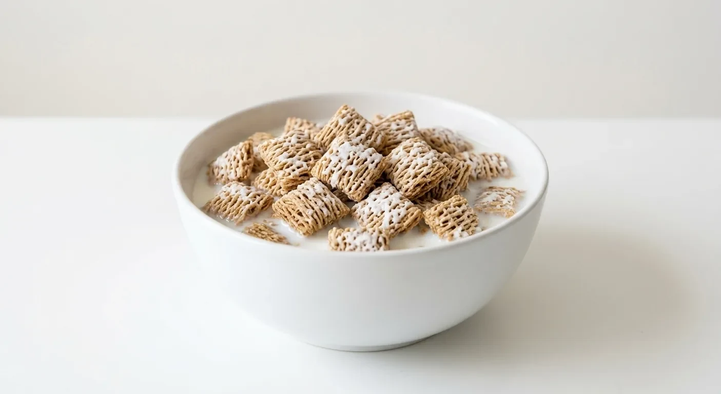 Asda Frosted Wheaties, frosted wholewheat squares in a white bowl with milk, nutrition and calories