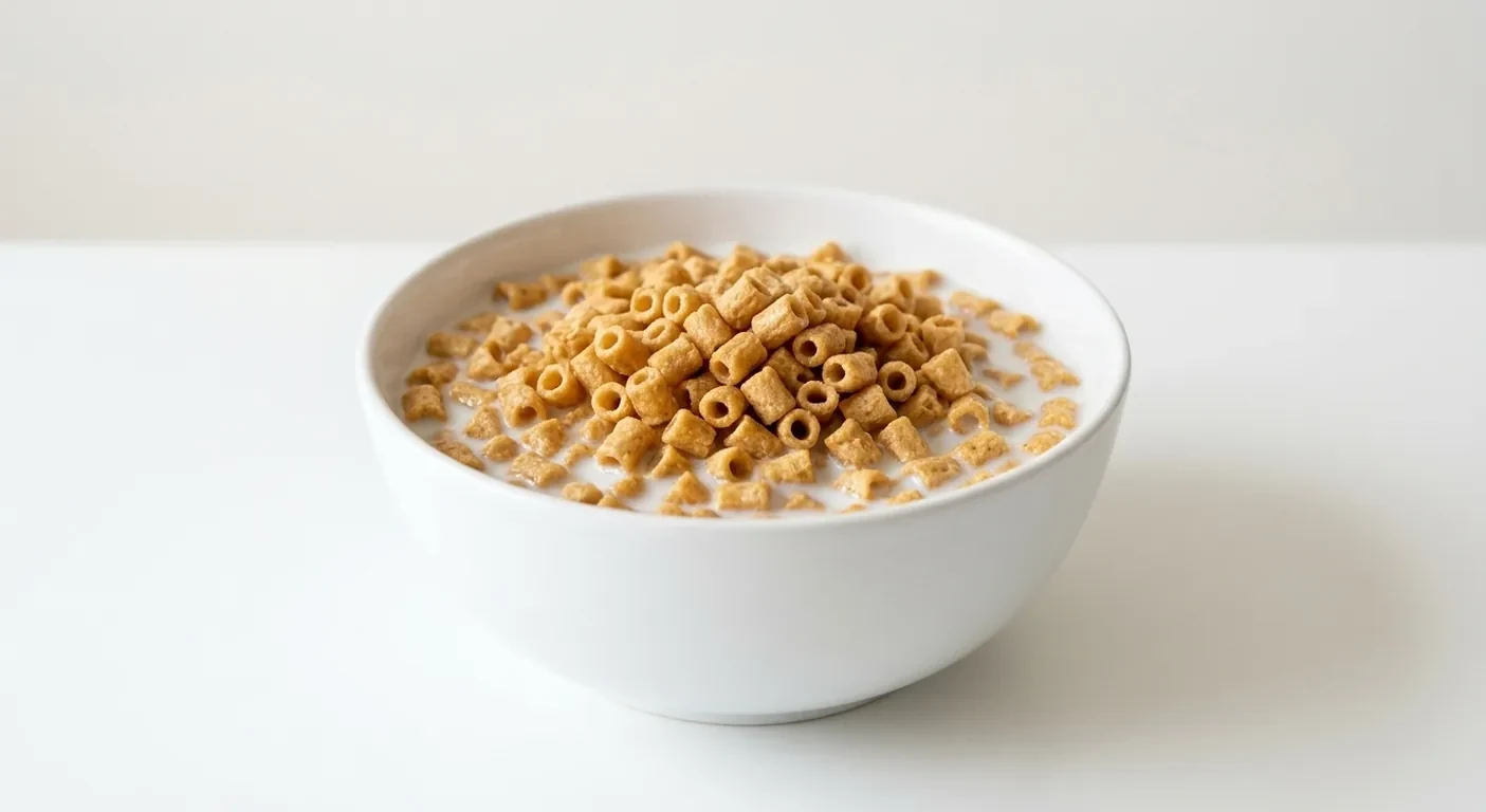 Asda Caramel Protein Crunch, caramel wheat and oat mini tubes in a white bowl with milk, nutrition and calories