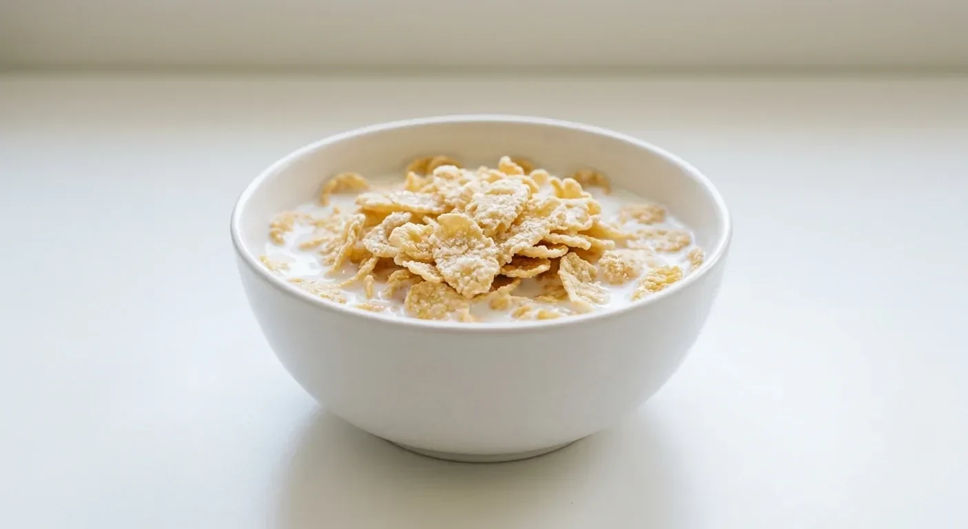 Asda Frosted Flakes, sugar-frosted corn flakes in a white bowl with milk, nutrition and calories