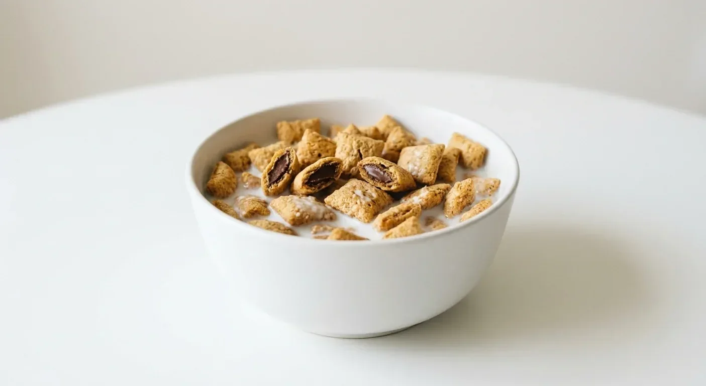 Asda Choco Squares, crisp cereal pillows with a chocolate filling in a white bowl with milk, nutrition and calories