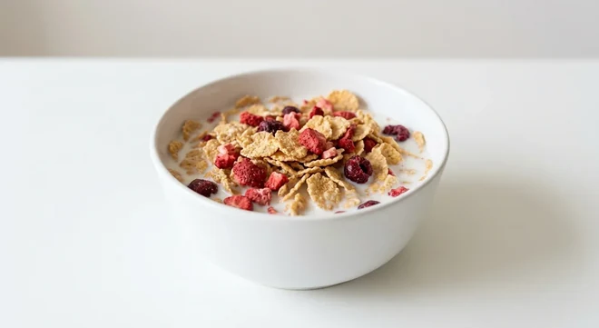 Asda Red Fruits Special Flakes, rice and wheat flakes with freeze-dried strawberry and cherry pieces in a white bowl with milk, nutrition and calories