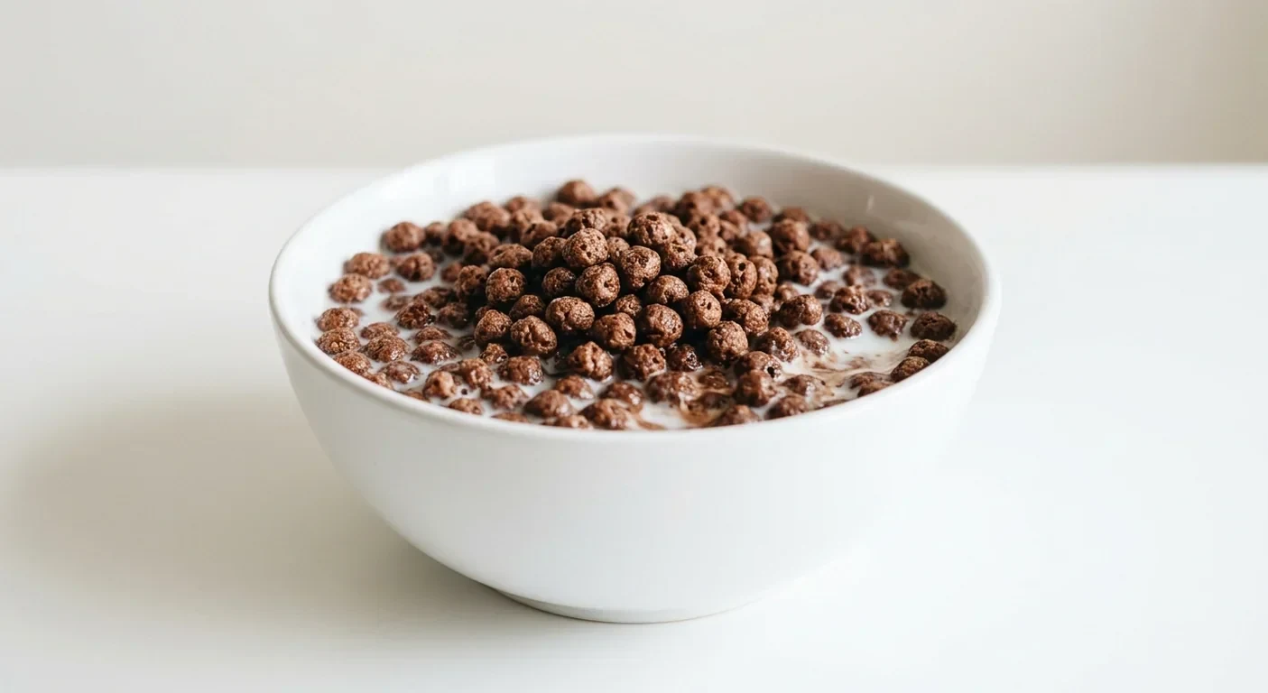 Asda Choco Snaps, cocoa-coated puffed rice in a white bowl with milk, nutrition and calories
