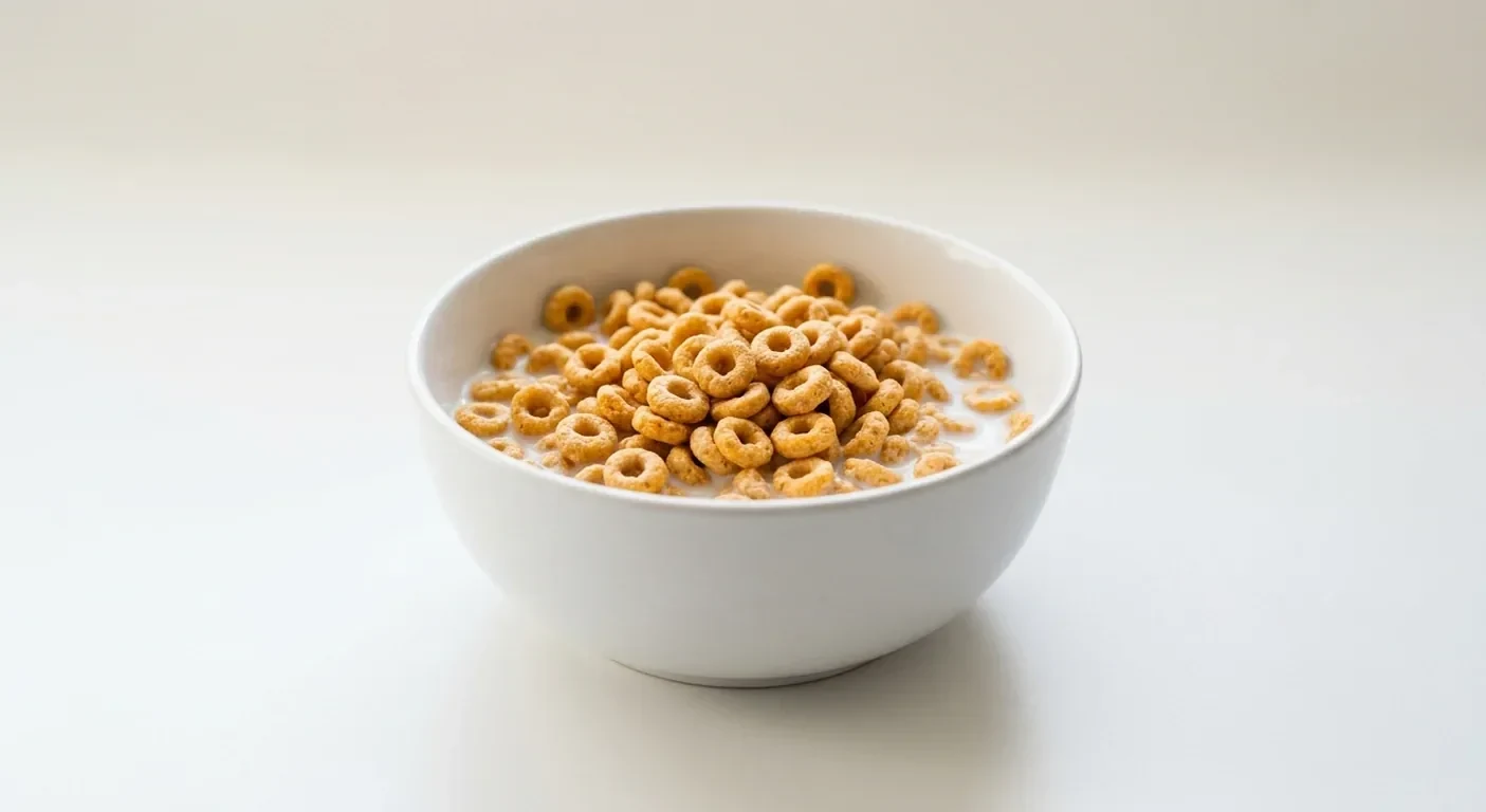 Asda Multigrain Hoops, golden multigrain hoops in a white bowl with milk, nutrition and calories