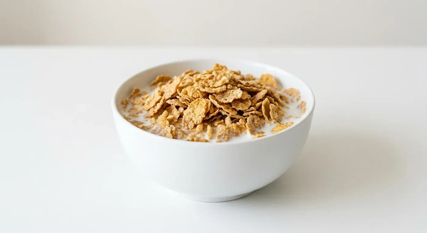 Asda Special Flakes, crisp golden rice and wheat flakes in a white bowl with milk, nutrition and calories