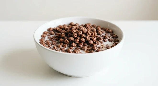 Asda Free From Choco Snaps, cocoa-coated puffed rice in a white bowl with milk, nutrition and calories