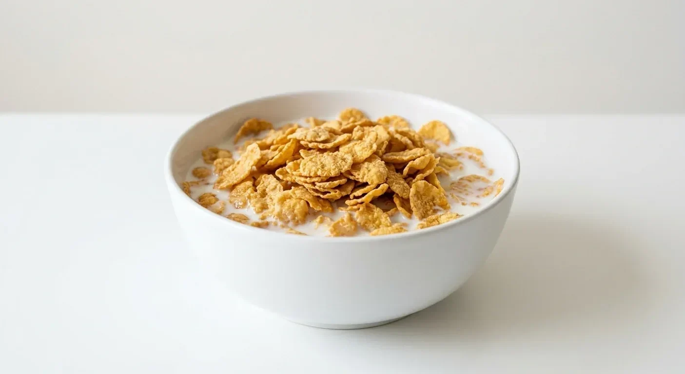 Asda Corn Flakes, golden toasted corn flakes in a white bowl with milk, nutrition and calories