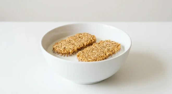 Asda Just Essentials Wheat Bisks, two wholegrain wheat biscuits in a white bowl with milk, nutrition and calories